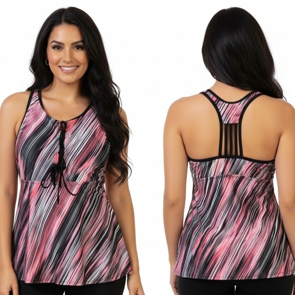Aqua Eve Tank Top LG‎ White Pink Black Tankini Racerback Sleeveless Striped Swim